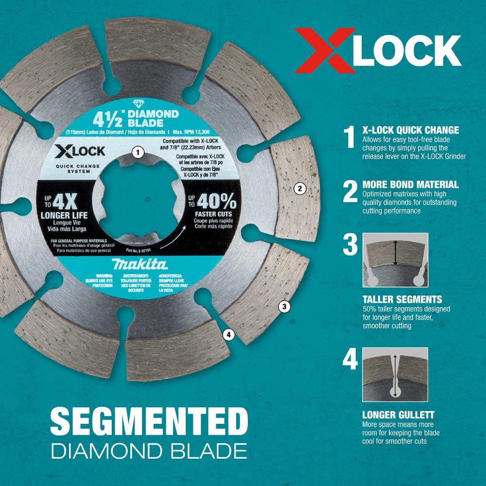 Makita X-LOCK 4-1/2 Segmented Diamond Blade for Masonry Cutting ;