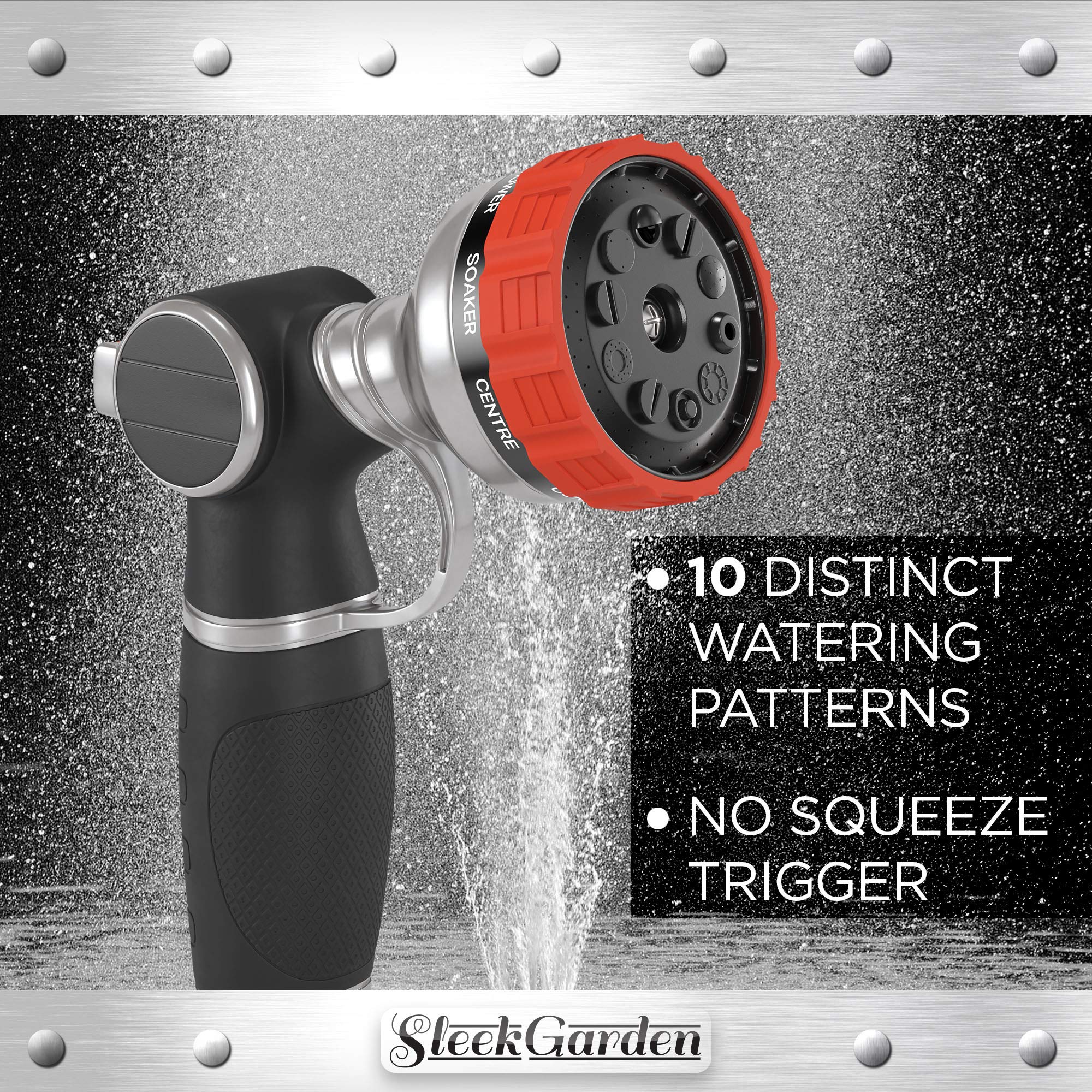 Sleek Garden Heavy Duty Garden Hose Nozzle Hand Sprayer with 9 Adjustable Spray Patterns， Red