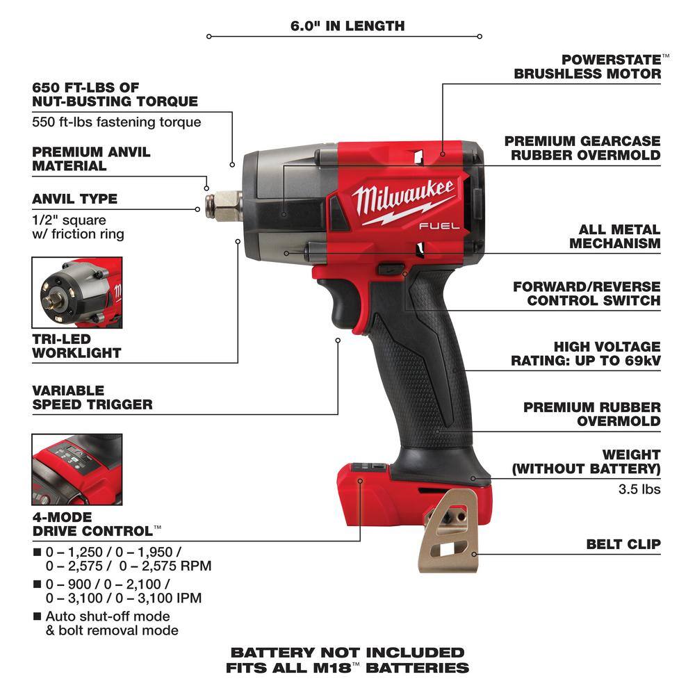 MW M18 FUEL Gen-2 18V Lithium-Ion Brushless Cordless Mid Torque 12 in. Impact Wrench  38 in. Wrench wFriction Ring 2962-20-2854-20