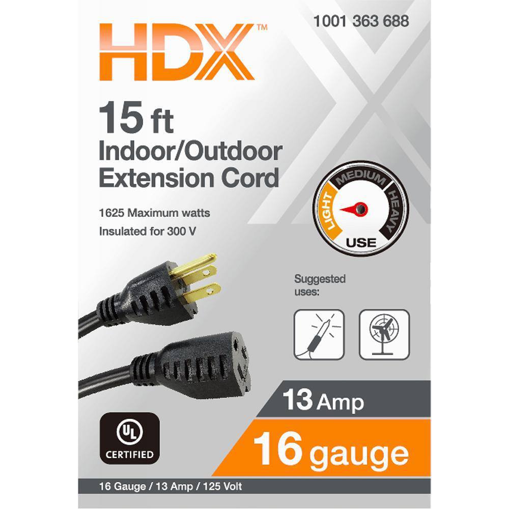 HDX 15 ft. 163 Light Duty IndoorOutdoor Extension Cord Black EXB-16315