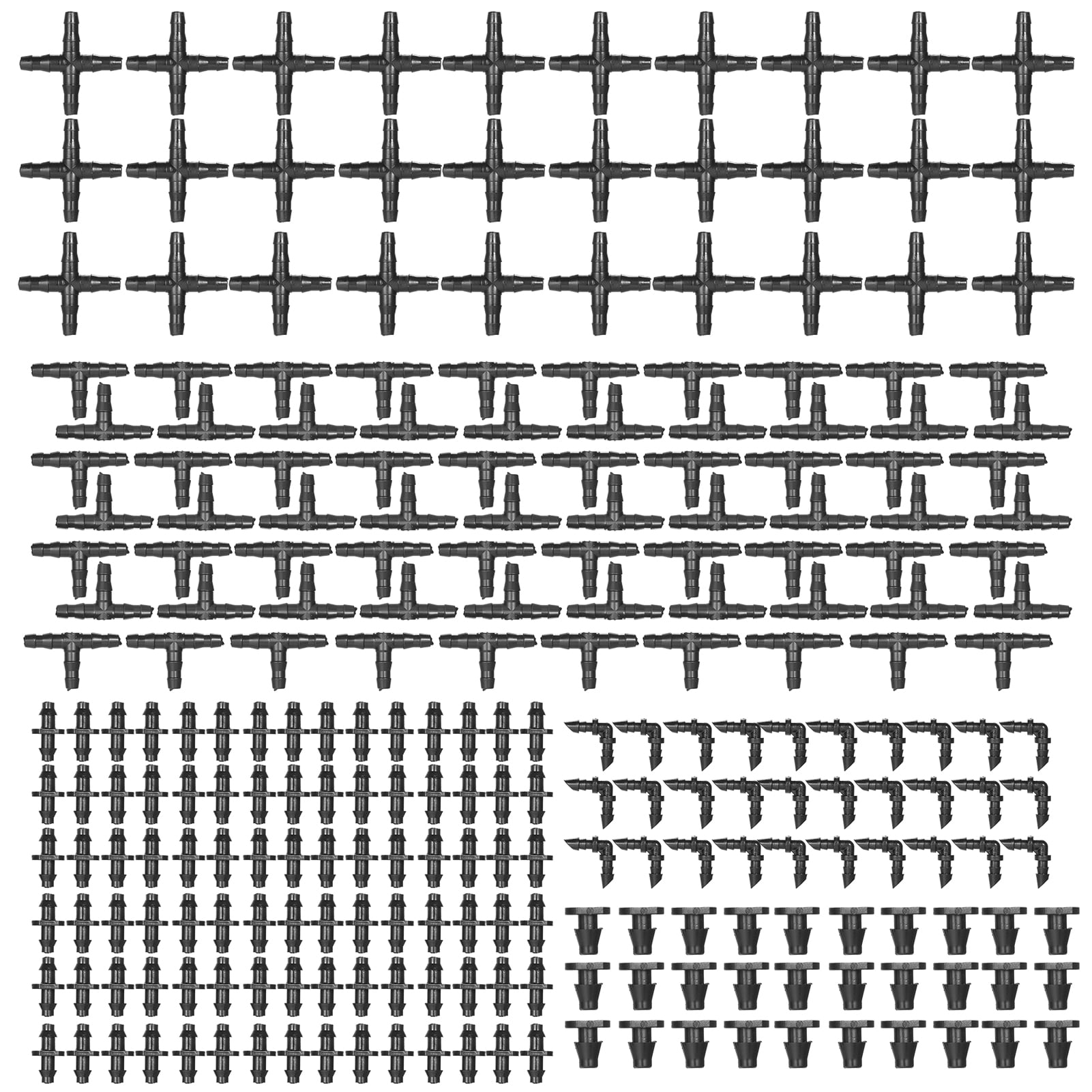 Kkmoon 250 Pieces Irrigation Fitting Kit Drip Irrigation Barbed Connectors Compatible With 1/4 Inch Water Hose Connectors For Garden Lawn Drip Systems(30 4-Way Coupling， 30 Elbows， 90 Straig