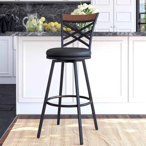 Lesley Adjustable Swivel Barstool， Black Faux Leather， Set Of 3