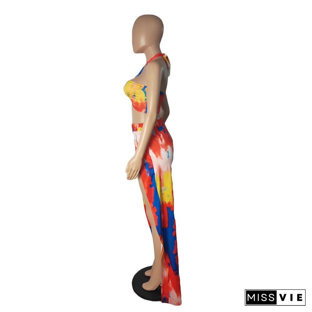 Tie Dye Women's Tracksuit Sexy High Slit Straight Pants+Halter Neck Crop Tops Summer Matching 2 Piece Set