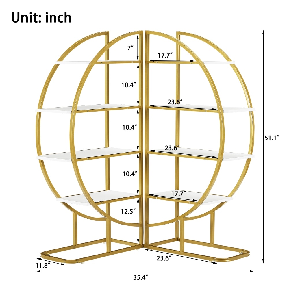 4 Tiers Home Office Round Shape Open Bookshelf Golden White