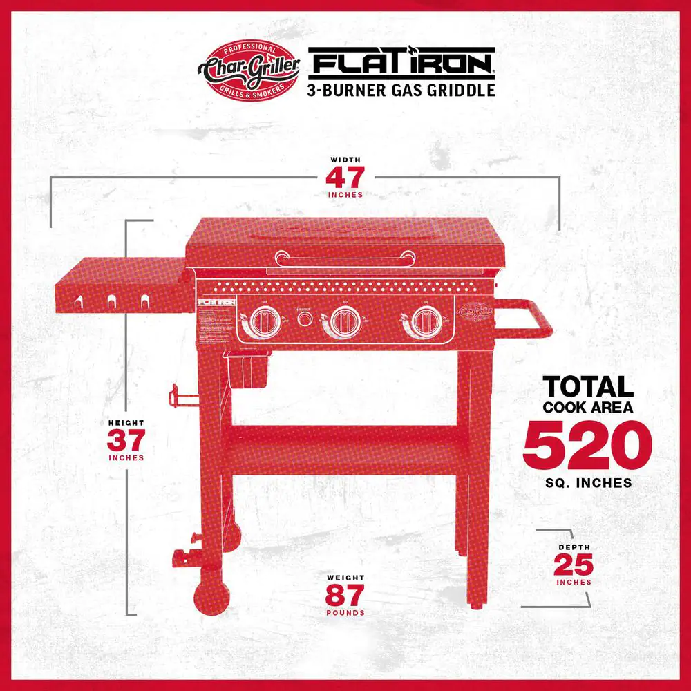 Char-Griller E8428 Flat Iron 3-Burner Outdoor Griddle Gas Grill with Lid in Black