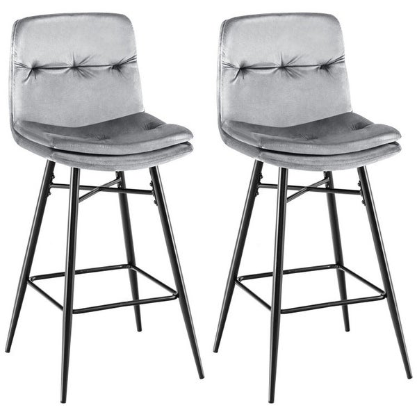 Velvet Bar Stools Set with Tufted Back and Footrests (Set of 2)