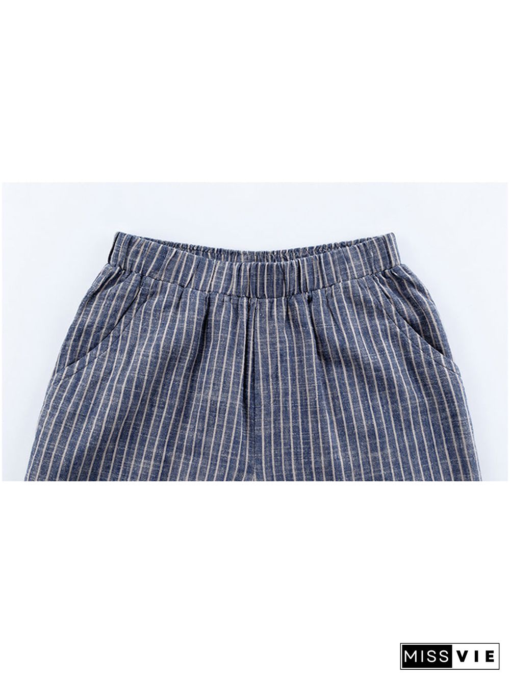 Plus Size Buykud Stripe Cotton Linen Women Pants