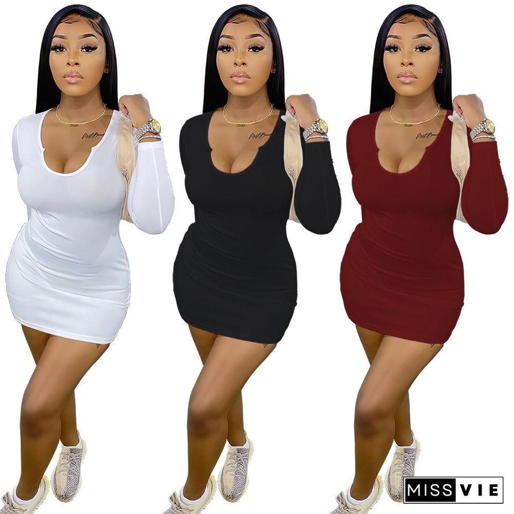 Low-Cut Deep V Neck Long Sleeve Bodycon Dress