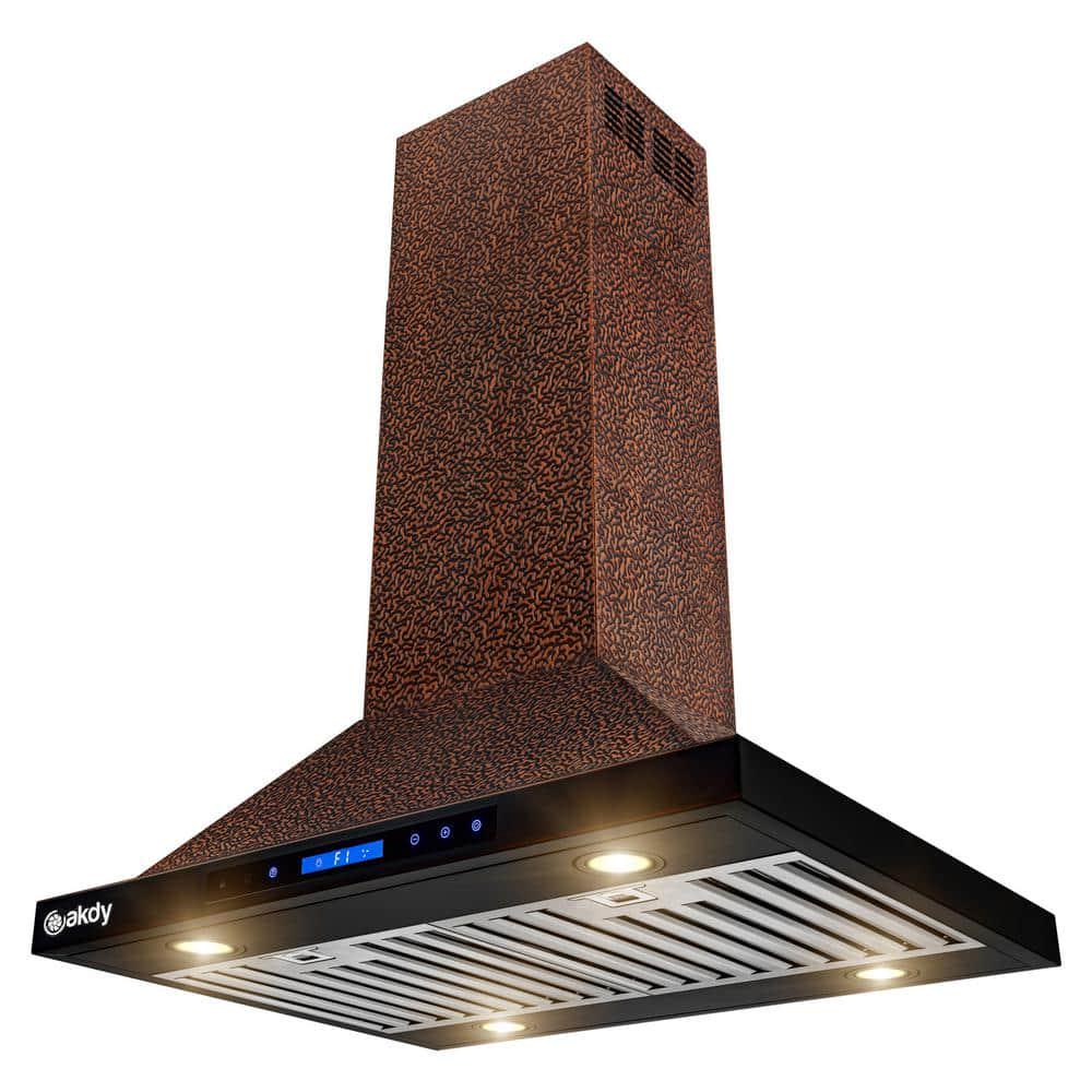 AKDY 30 in 343 CFM Convertible Kitchen Island Mount Range Hood in Embossing Copper with LED and Touch Panel