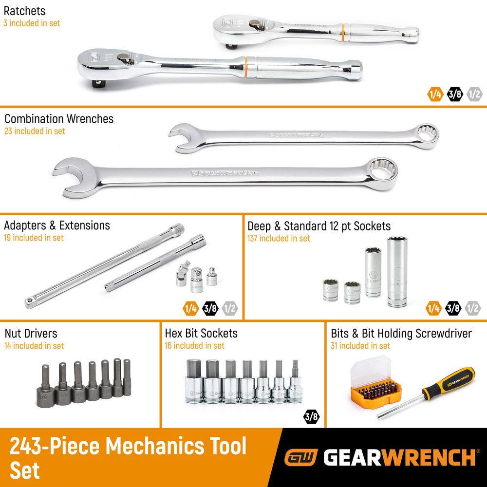 GEARWRENCH 14 in. 38 in. and 12 in. Drive 12-Point Standard and Deep SAEMetric Mechanics Tool Set in 3 Drawer Box (243-Piece) 80972