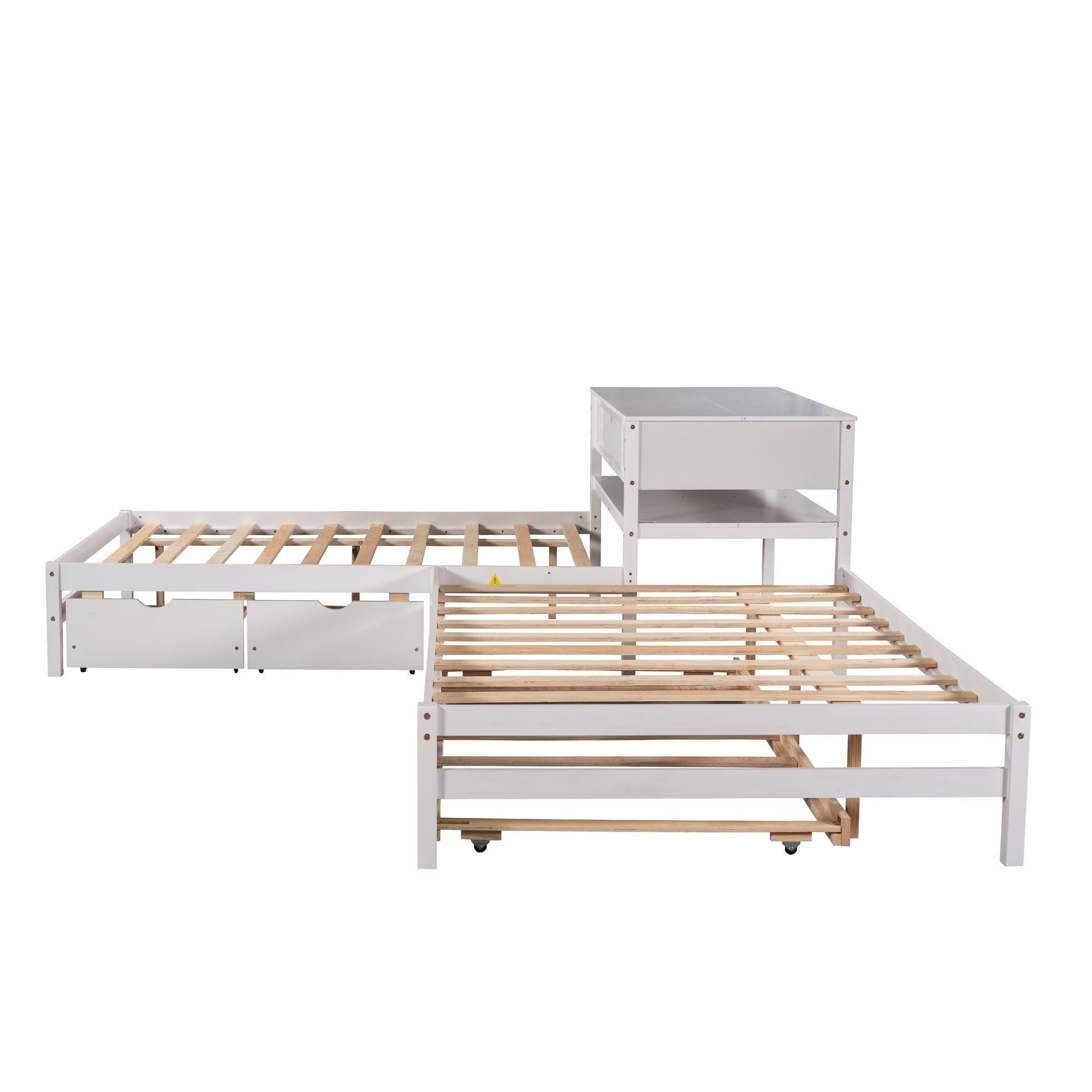 Full L-Shaped Platform Beds with Trundle, Drawers and Table for Kids Bedroom, White