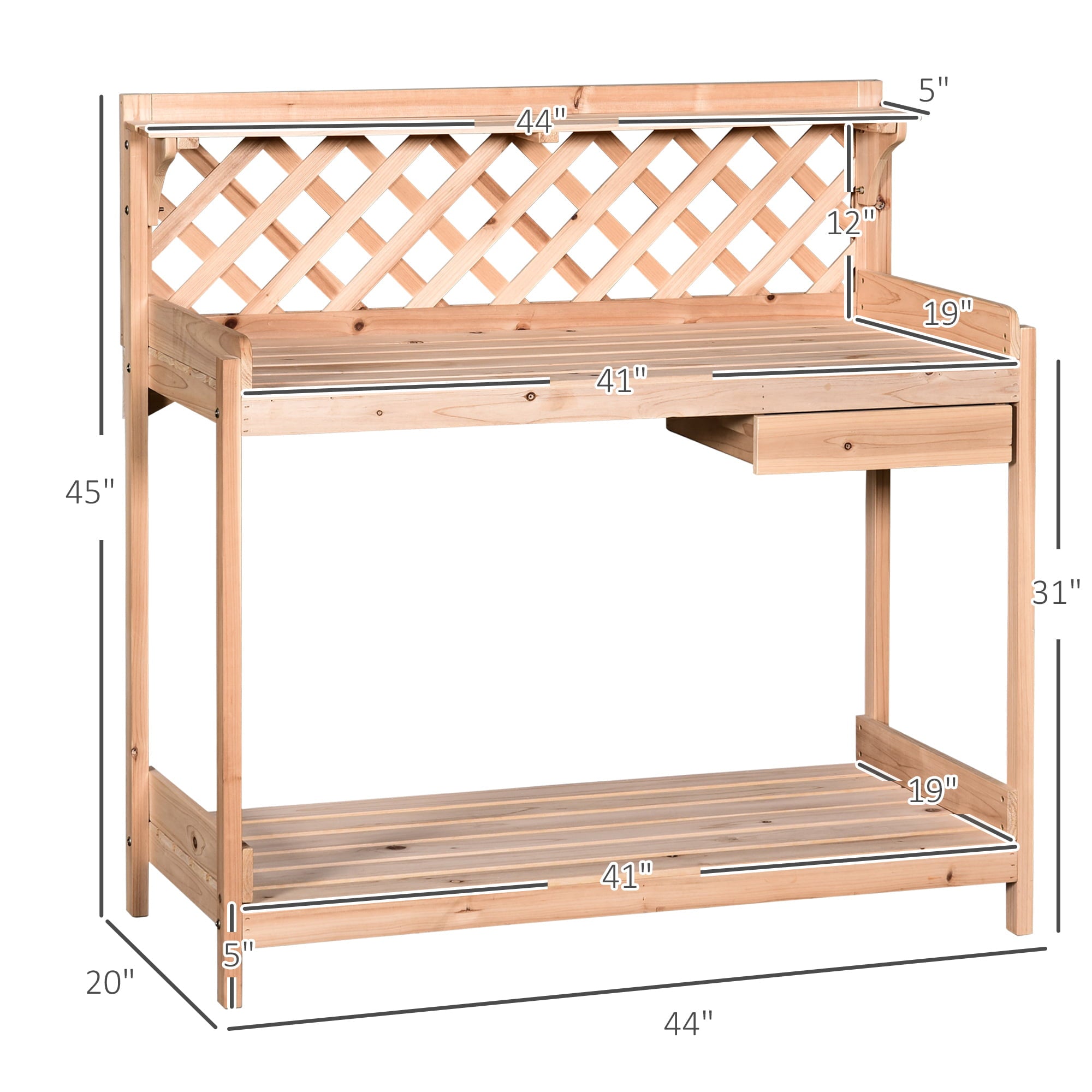 Tomshoo Garden Wooden Workstation Table Potting Bench with Drawer Hooks Open Shelf Lower Storage and Lattice Back for Patio Backyard Porch