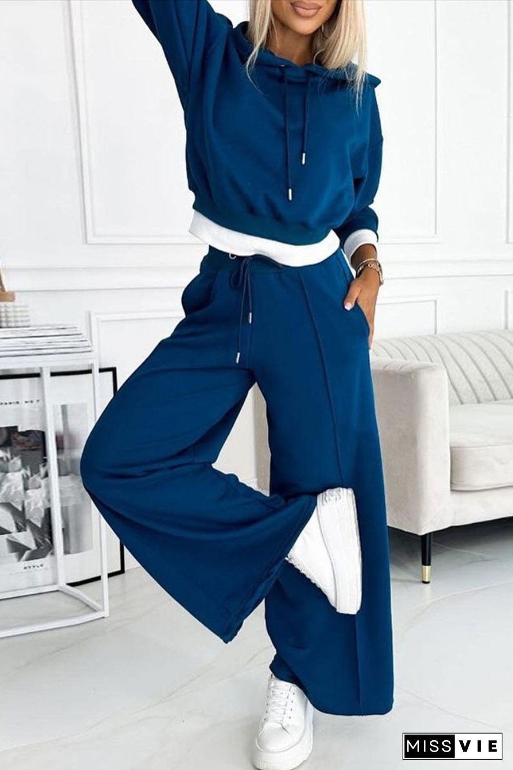 Colorblock Drawstring Hoodie & Wide Leg Pants Set