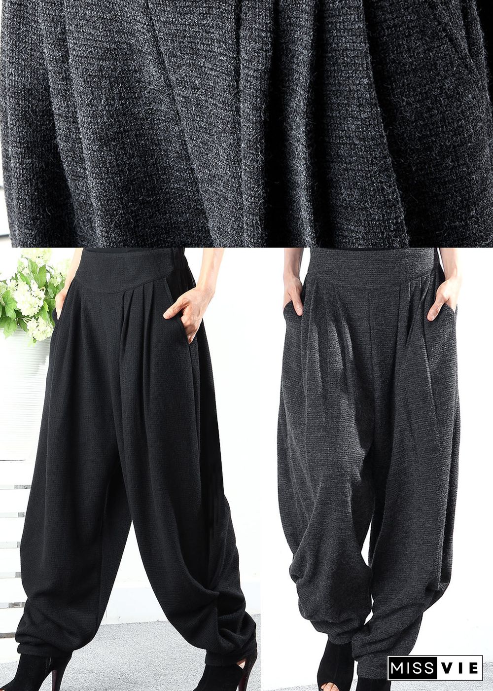 Bohemian Black wrinkled Pockets Knit Pants Winter