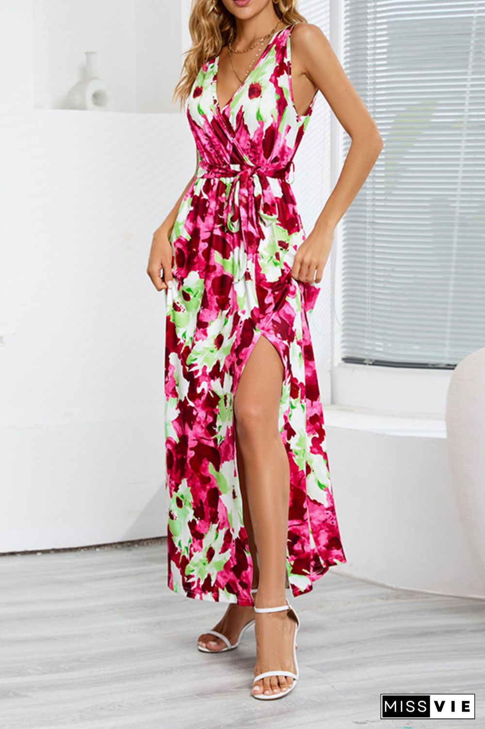 Wrap V Neck High Split Sleeveless Floral Maxi Dress