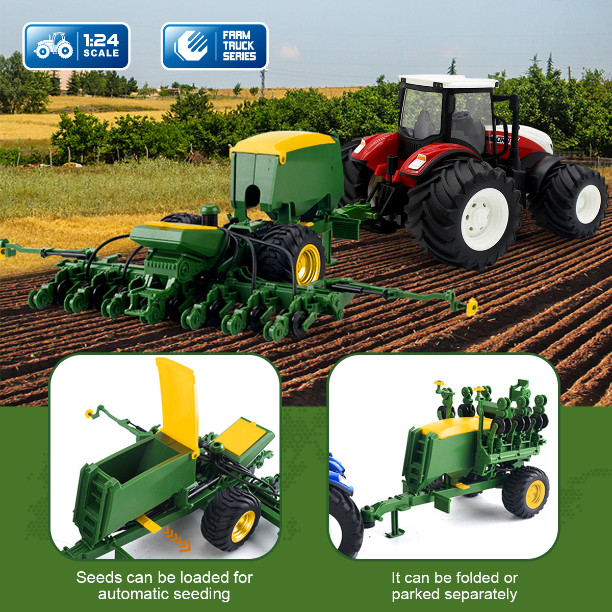 Fisca 1/24 Remote Control Farm Tractors Toys with Seed Planter， Lights and Sound， for Kids 6+