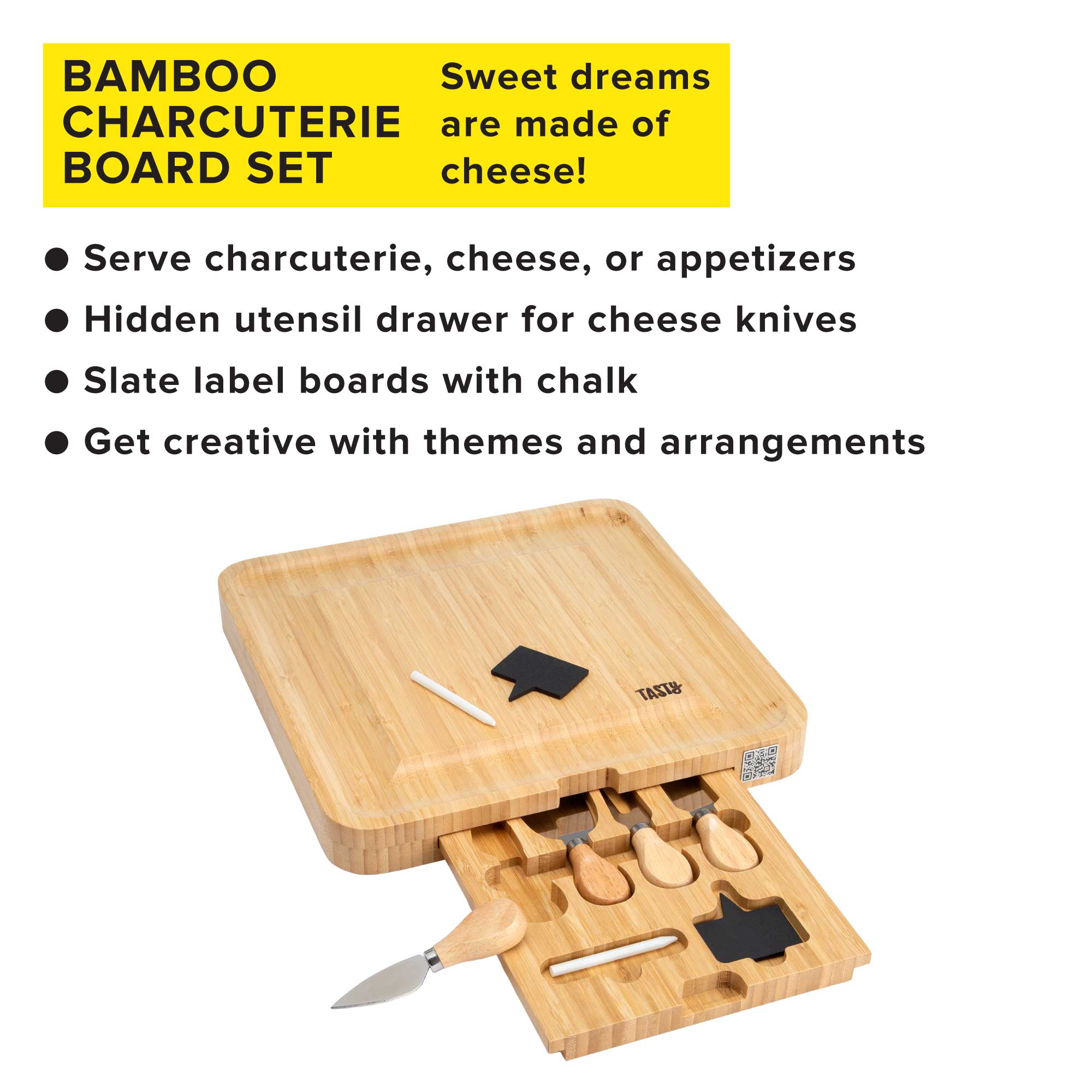 Tasty Natural Bamboo Cheese Board and Charcuterie Tray with Hidden Drawer， Utensils， Markers， and Chalk， 13