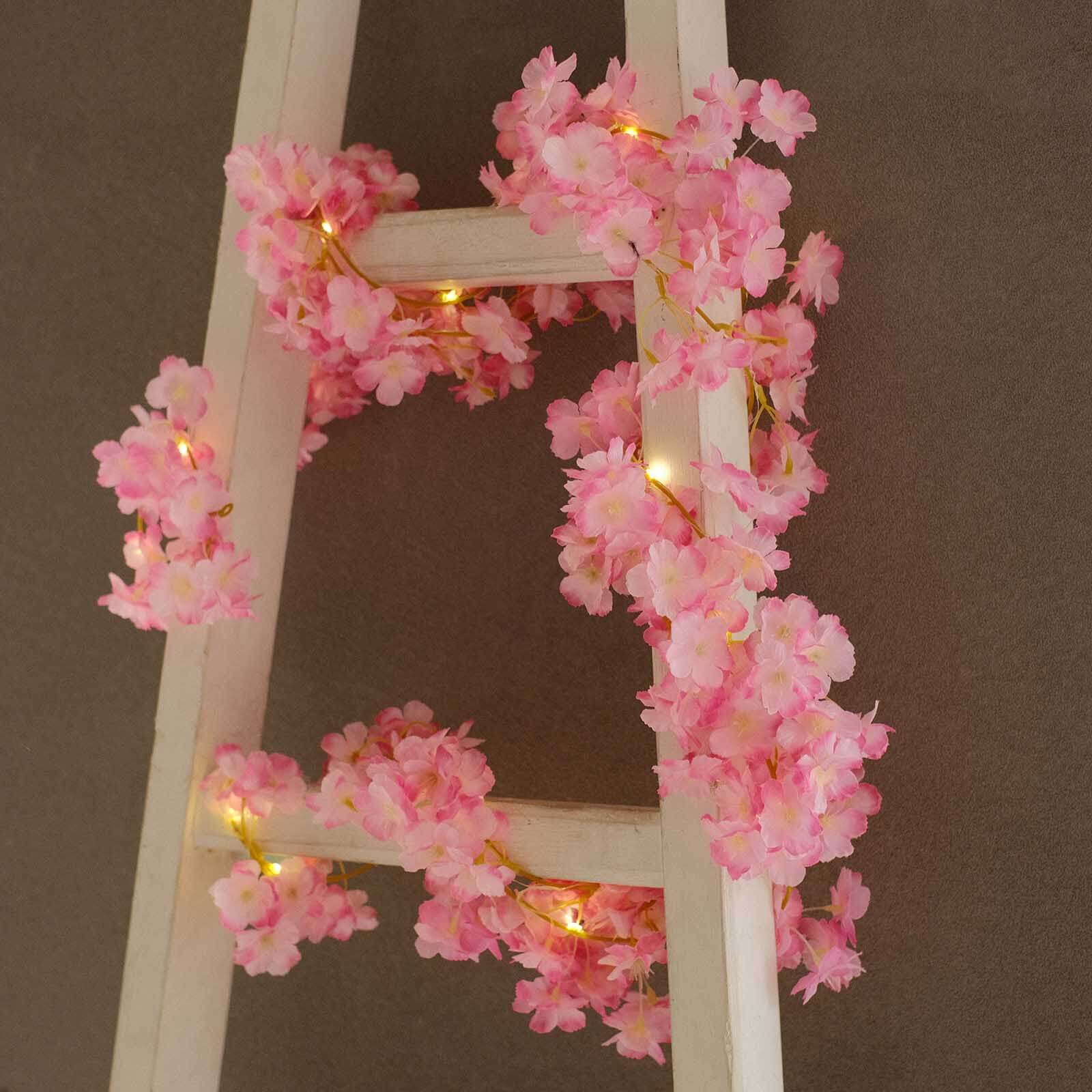 Pink Artificial Cherry Blossom Garland LED Fairy Lights, Warm White 20 LEDs Battery Operated Hanging String Lights - 6ft