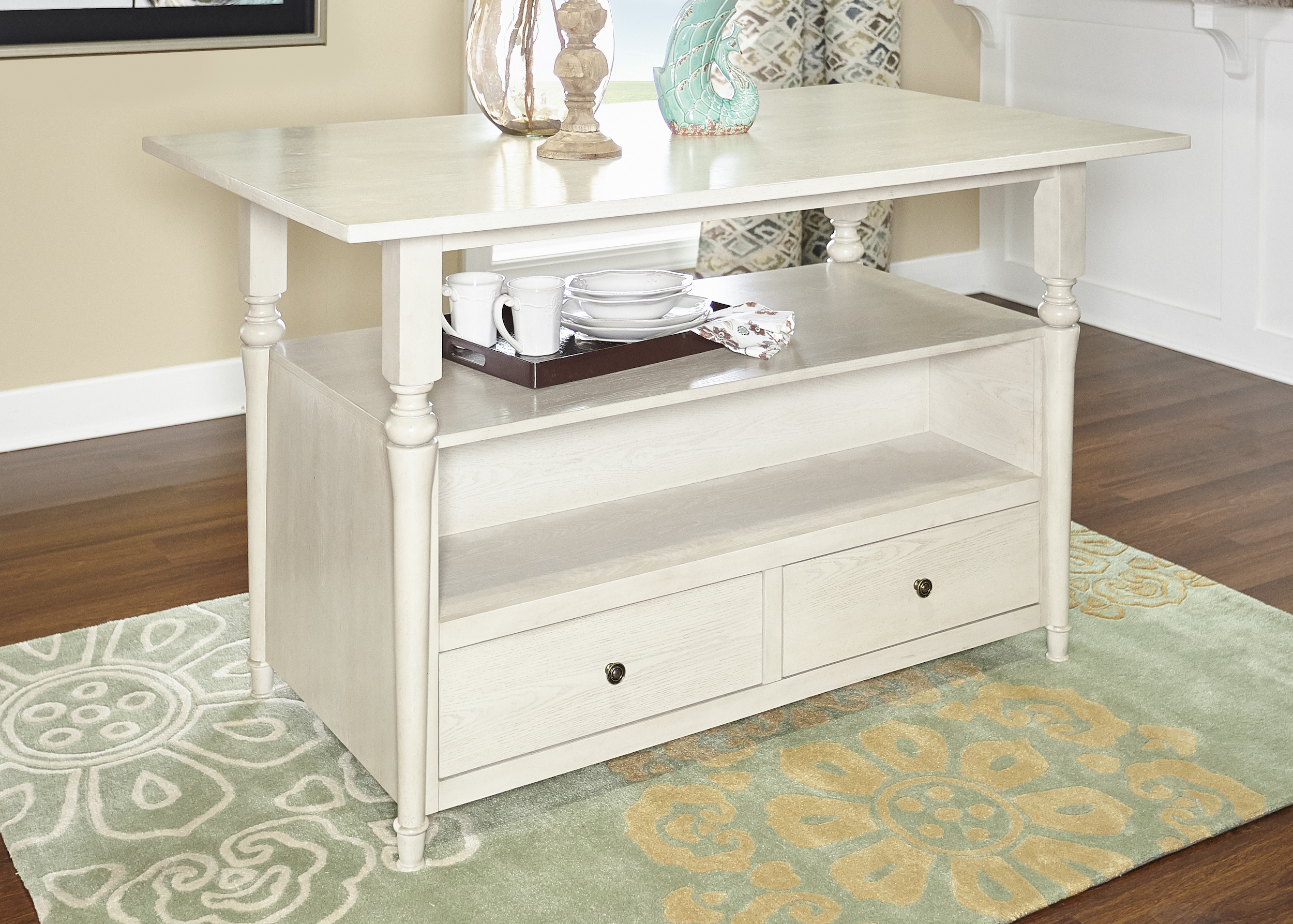 Hayes Farmhouse Kitchen Island Table with 22 Bottle Wine Storage in Cream