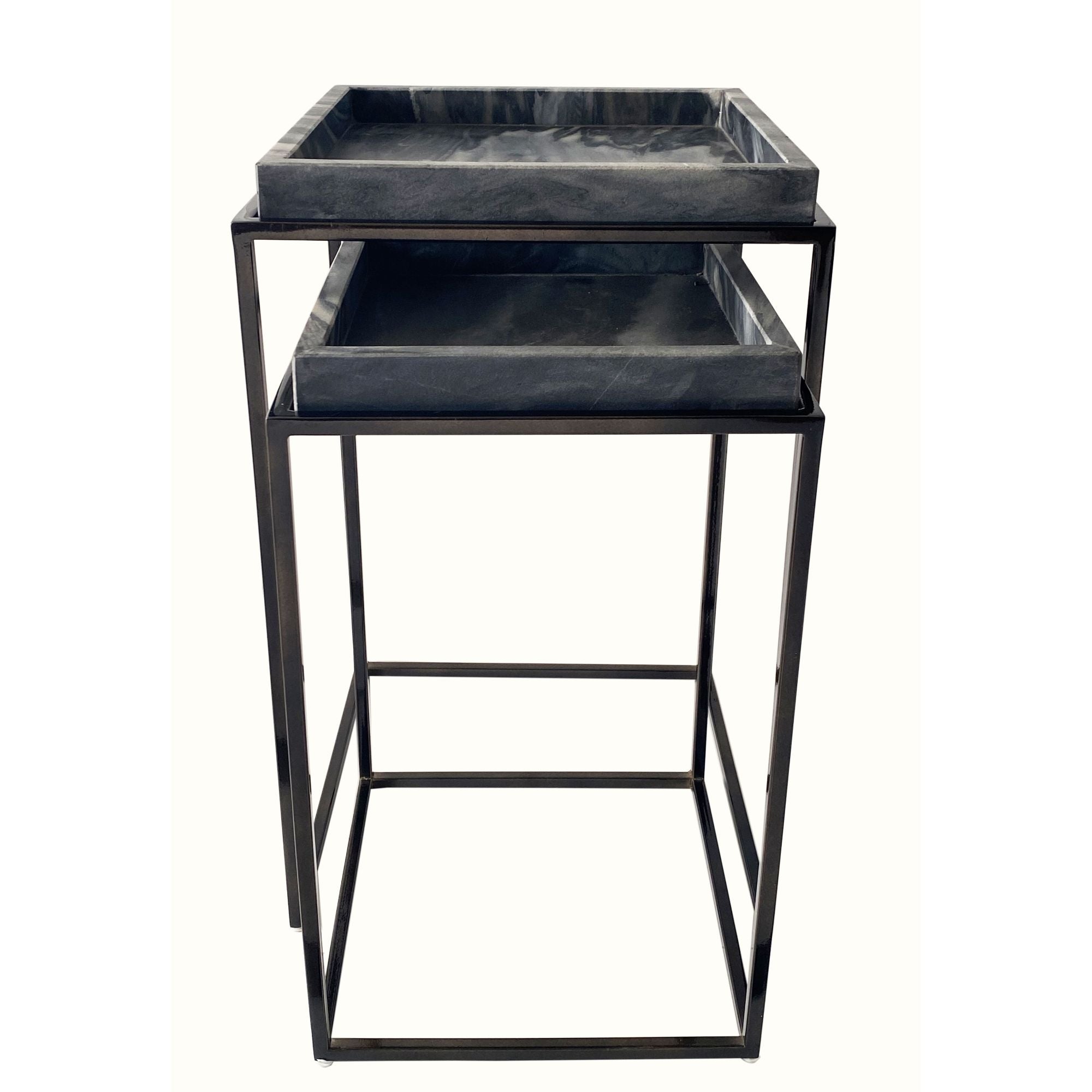 Set of 2 Black and Gray Nesting Side Tables with Marble Top