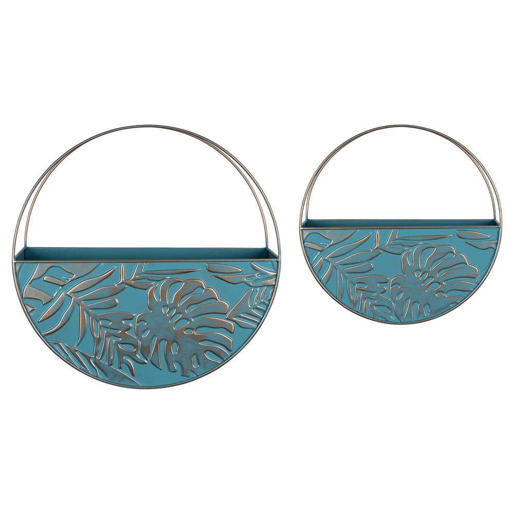 Stratton Home Decor Boho Set of 2 Round Blue and Gold Metal Wall Planters S42537