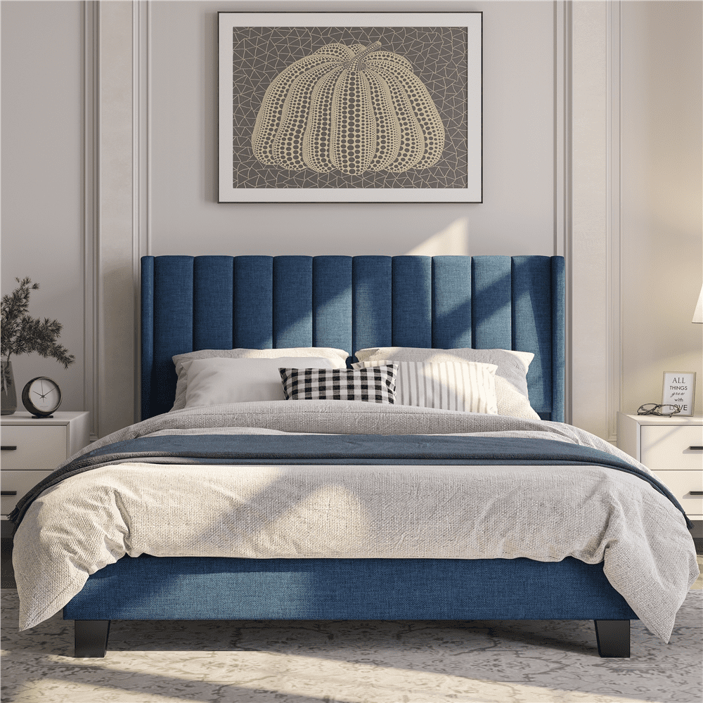 Alden Design Upholstered Platform Queen Bed with Channel Stitching, Navy Blue