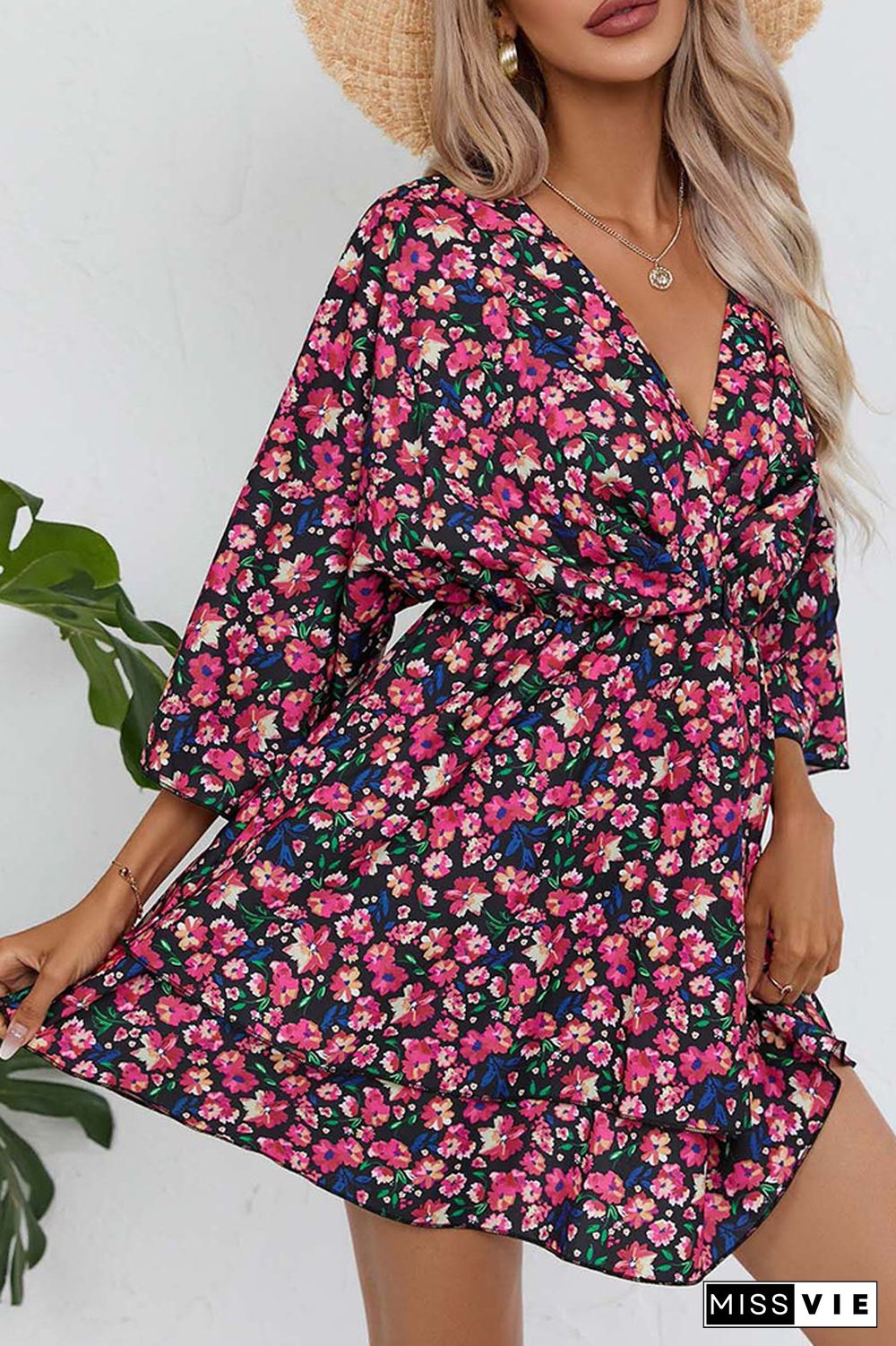 V Neck Drawstring Floral Dress