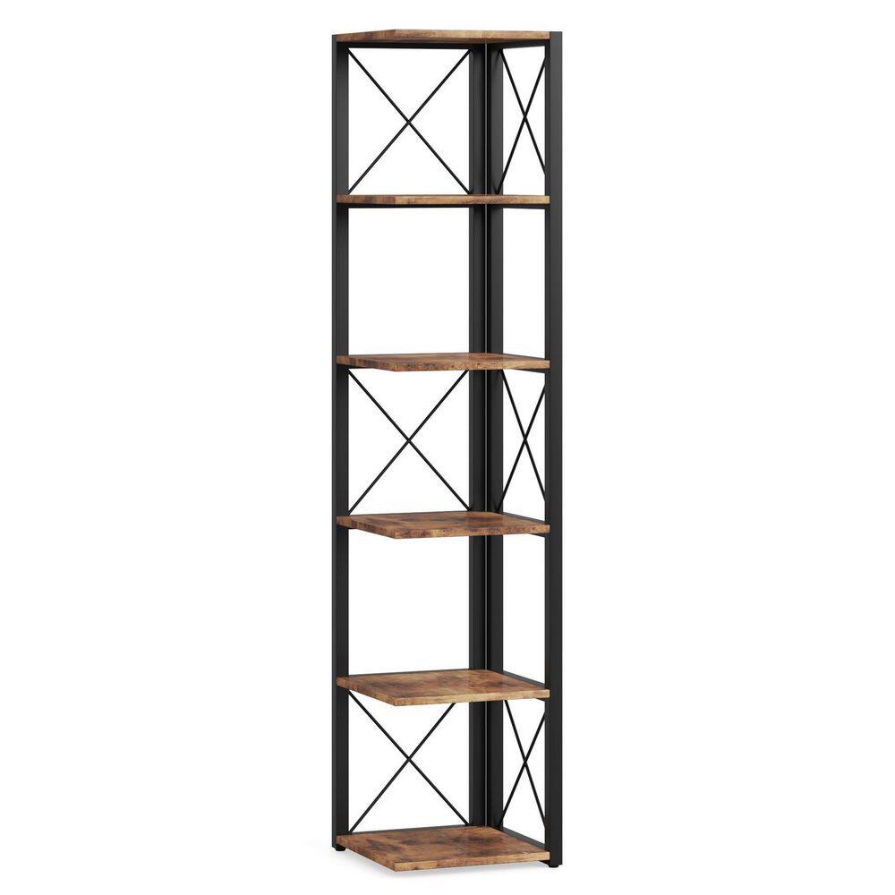 TRIBESIGNS WAY TO ORIGIN Jannelly 70.8 in. Rustic Brown Wood and Black Metal Frame 6 tier Radial Corner Shelves Bookcase Storage Rack Plant Stand HD-F1356-WZZ