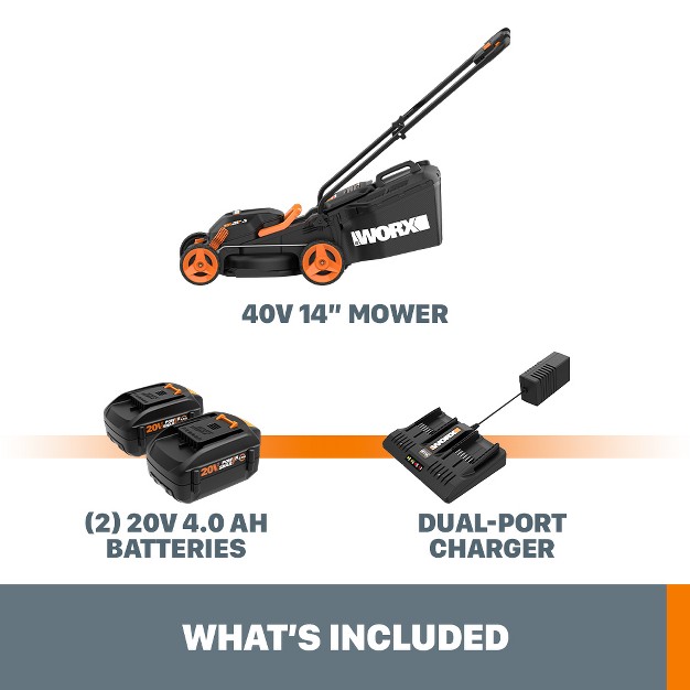 Worx Wg779 40v Powershare 14in Cordless Lawn Mower Compatible Bag And Mulch Intellicut Compact Storage Batteries And Charger Included