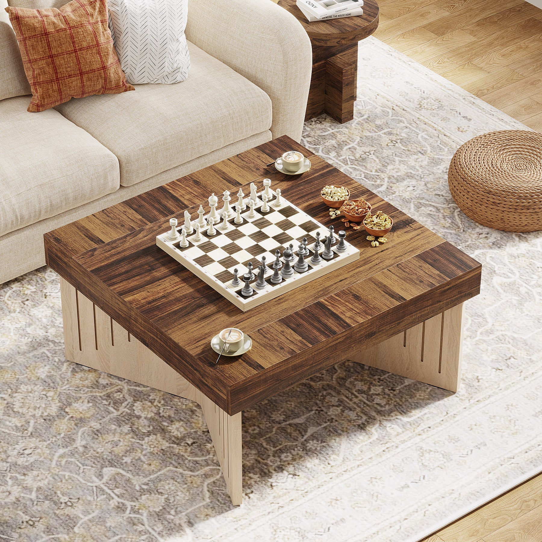 35.4 Coffee Table, Square Wood Center Table with Engraved Lines Design