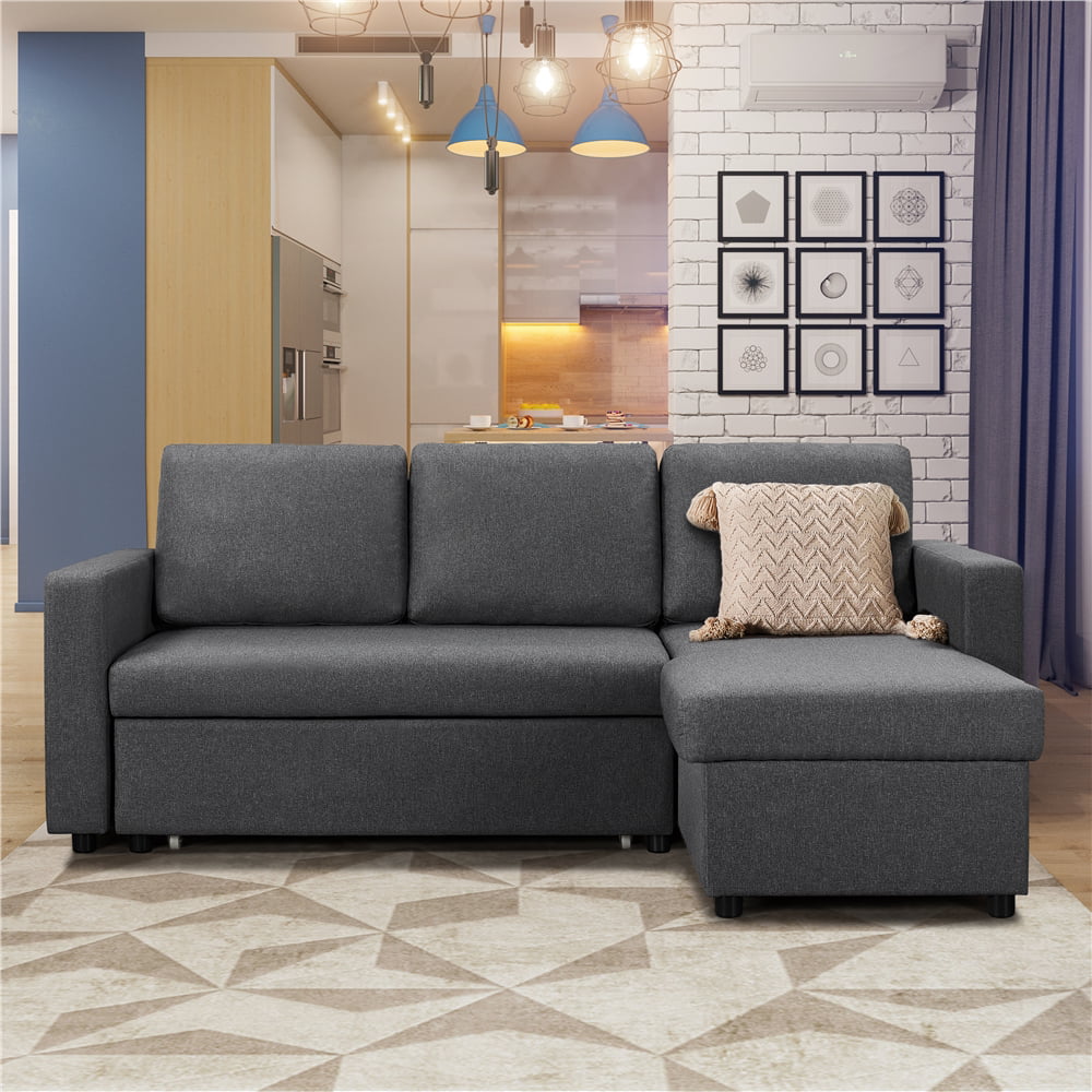 Yaheetech L-Shaped Reversible Sofa with Pull Out Bed & Storage For Limited Spaces, Dark Gray