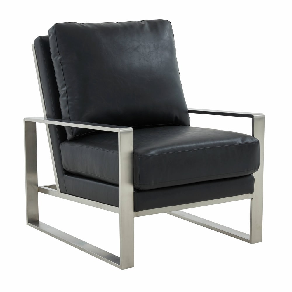 LeisureMod Jefferson Leather Arm Chairs with Silver Frame and Coffee Table with Geometric Base   36\