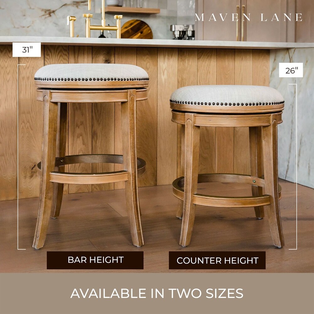 Maven Lane Alexander Backless Bar Stool in Weathered Oak Finish w/ Sand Color Fabric Upholstery