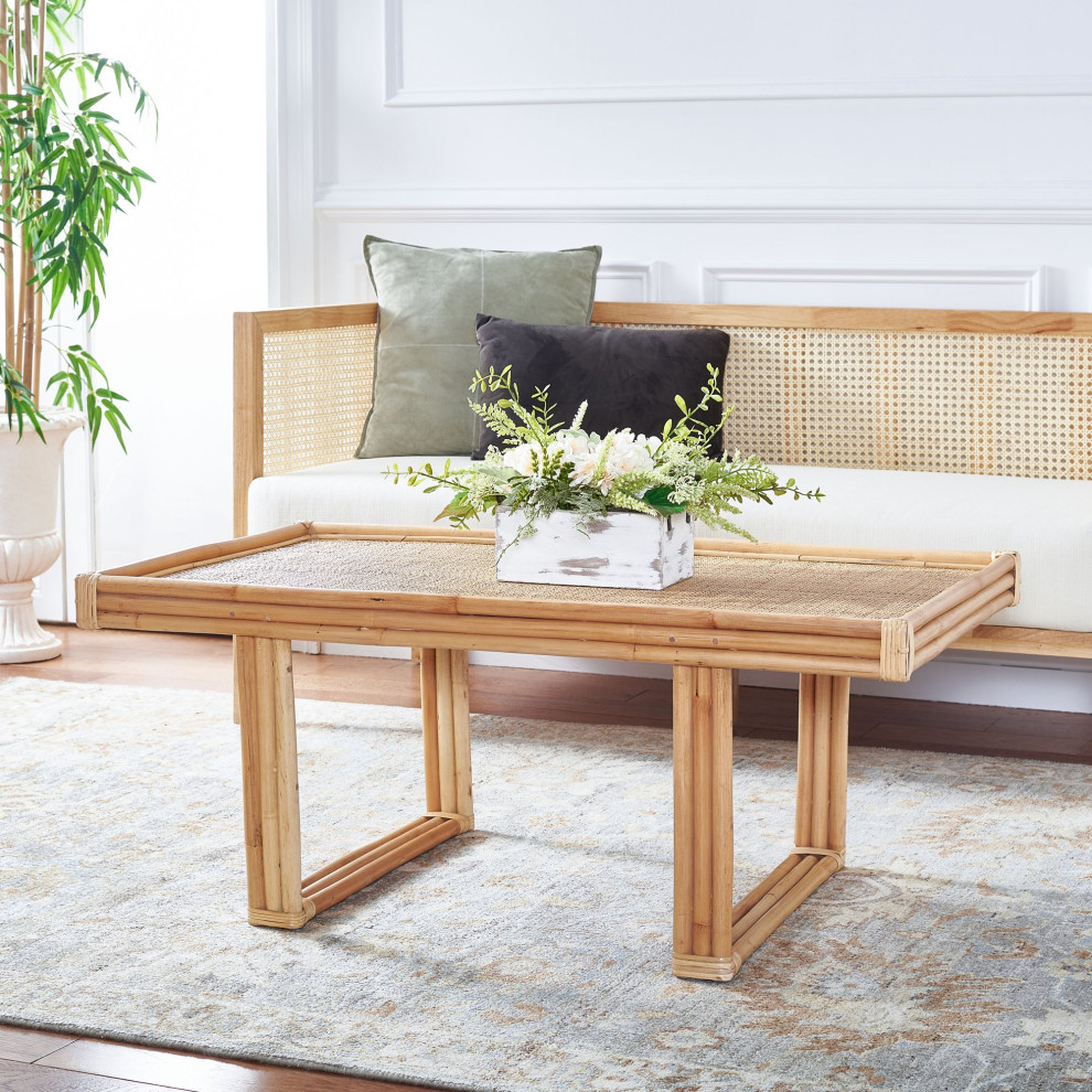 Coastal Coffee Table  Mango Wood Frame With Bamboo Look and Rattan Top  Natural   Tropical   Coffee Tables   by Declusia  Houzz