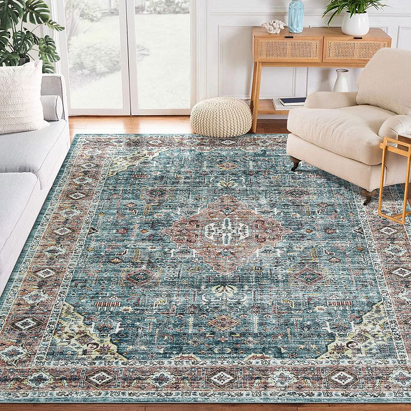 Glowsol Machine Washable Vintage Distressed Floral Area Rug