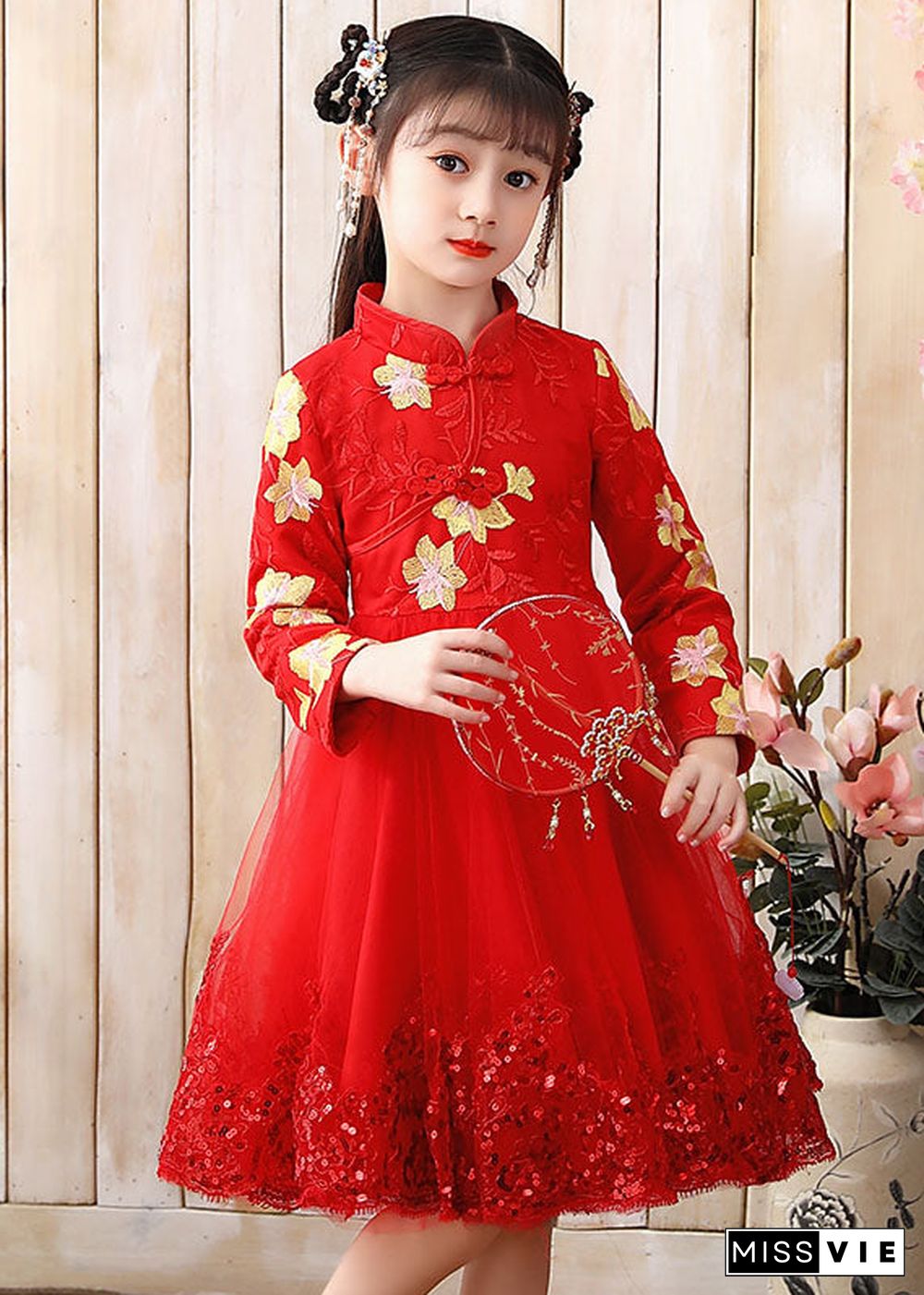 Red Stand Collar Sequins Tulle Kids Maxi Dress Long Sleeve