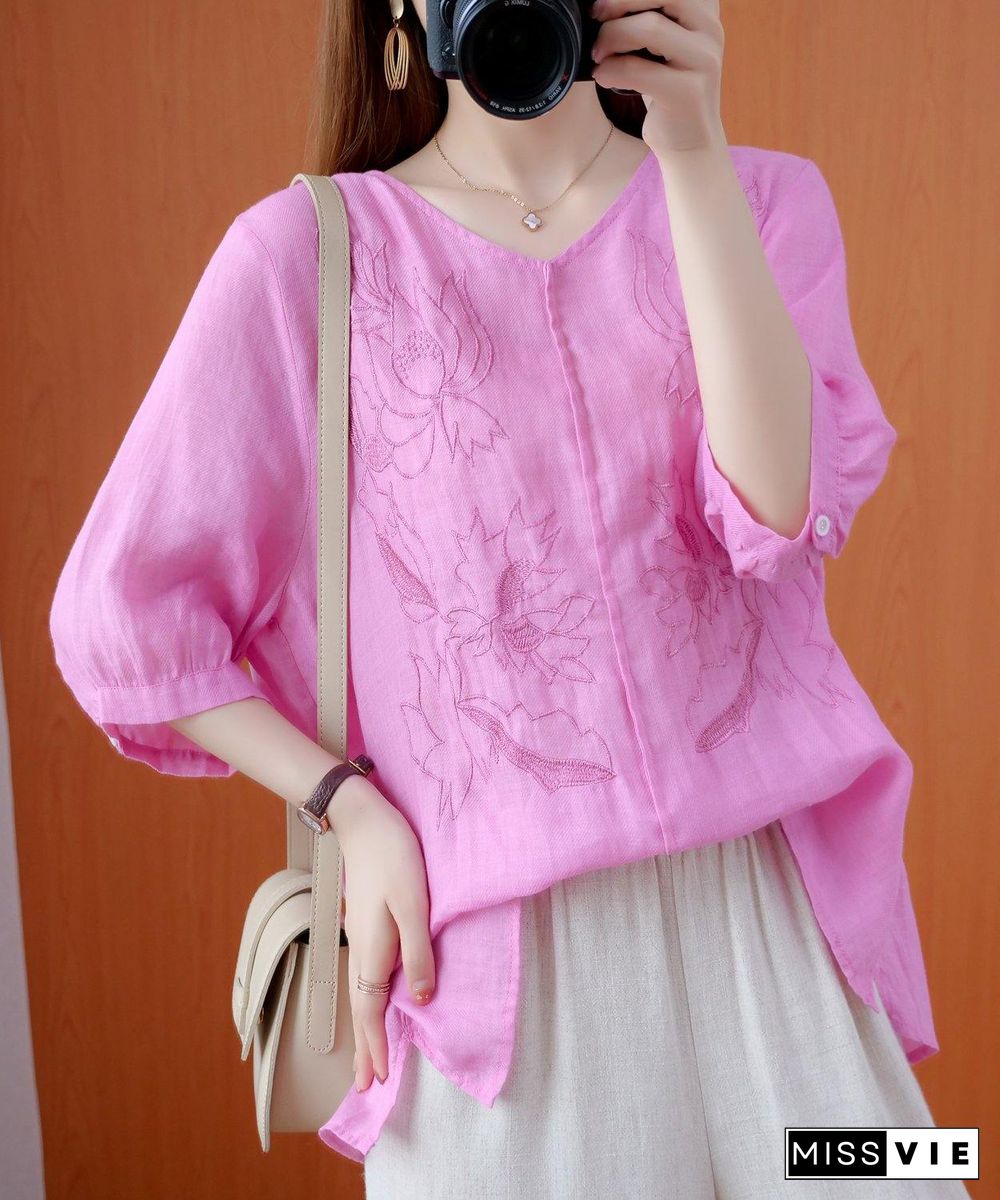 Women pink shirts v neck embroidery oversized summer shirts