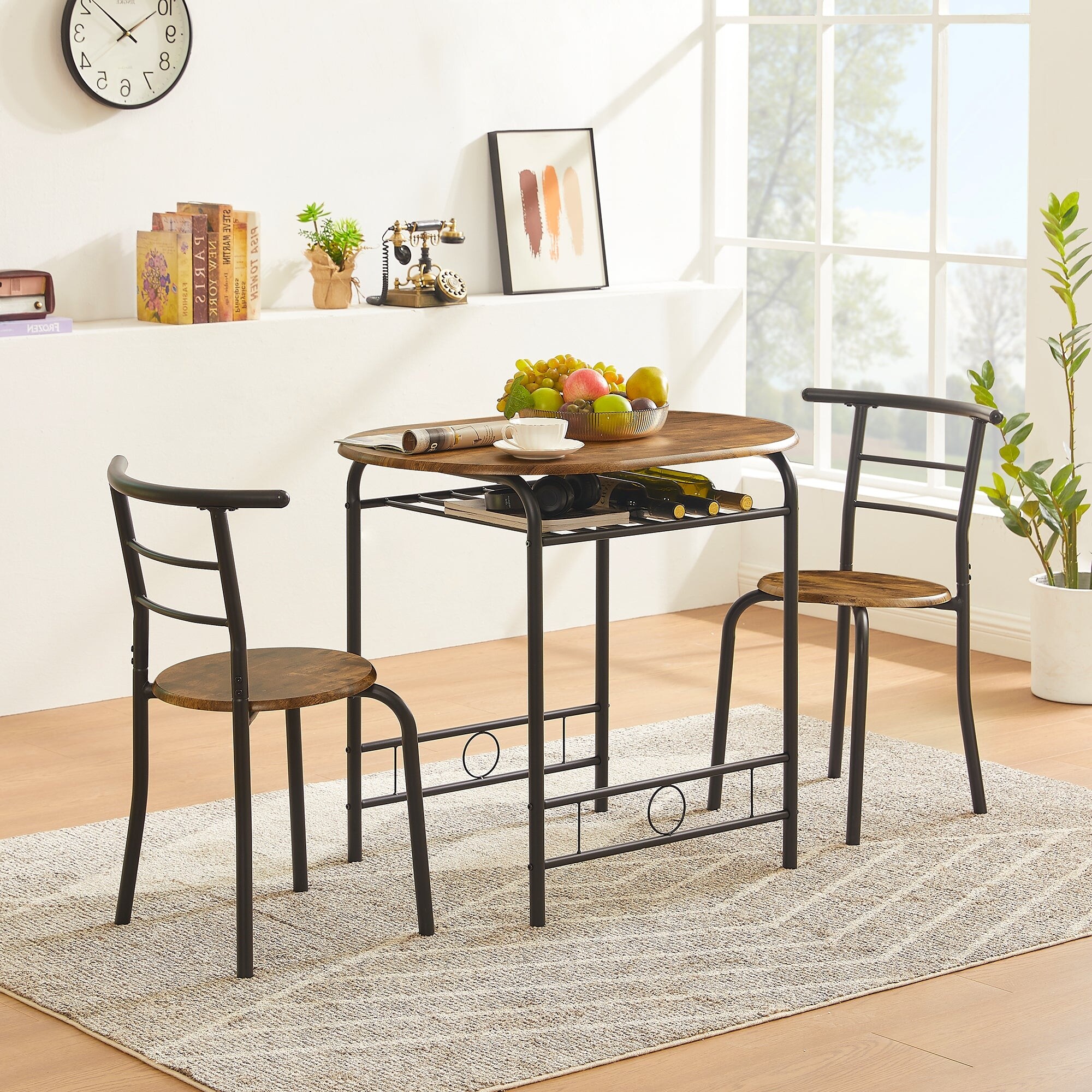 3-Piece Dining Set， Modern Wood Oval Table and 2 Chairs Set with Built-In Wine Rack