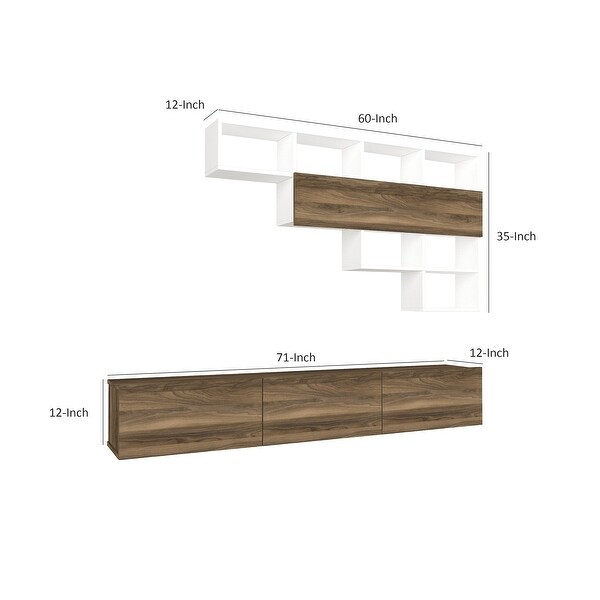 71 Inch Wall Mount TV Console Entertainment Cabinet， 3 Doors， 1 Floating Shelf， Light Walnut， White