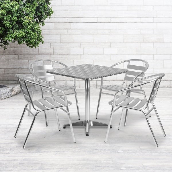 27.5'' Square Aluminum Indoor-Outdoor Table Set with 4 Slat Back Chairs - White - Overstock - 36052860