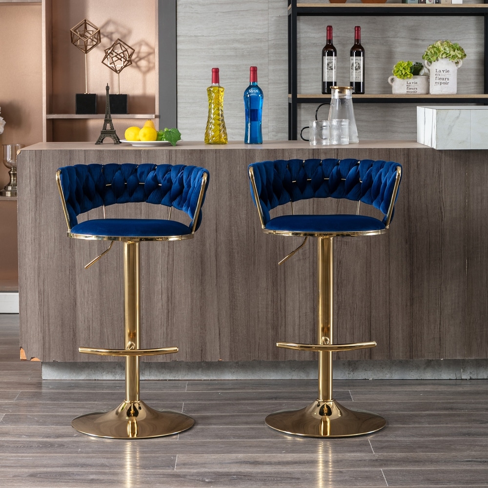 Modern Retro Height Adjustable Counter Chair Swivel Bar Stools Set of 2 with Velvet Woven Backrest Handrail and Footrest