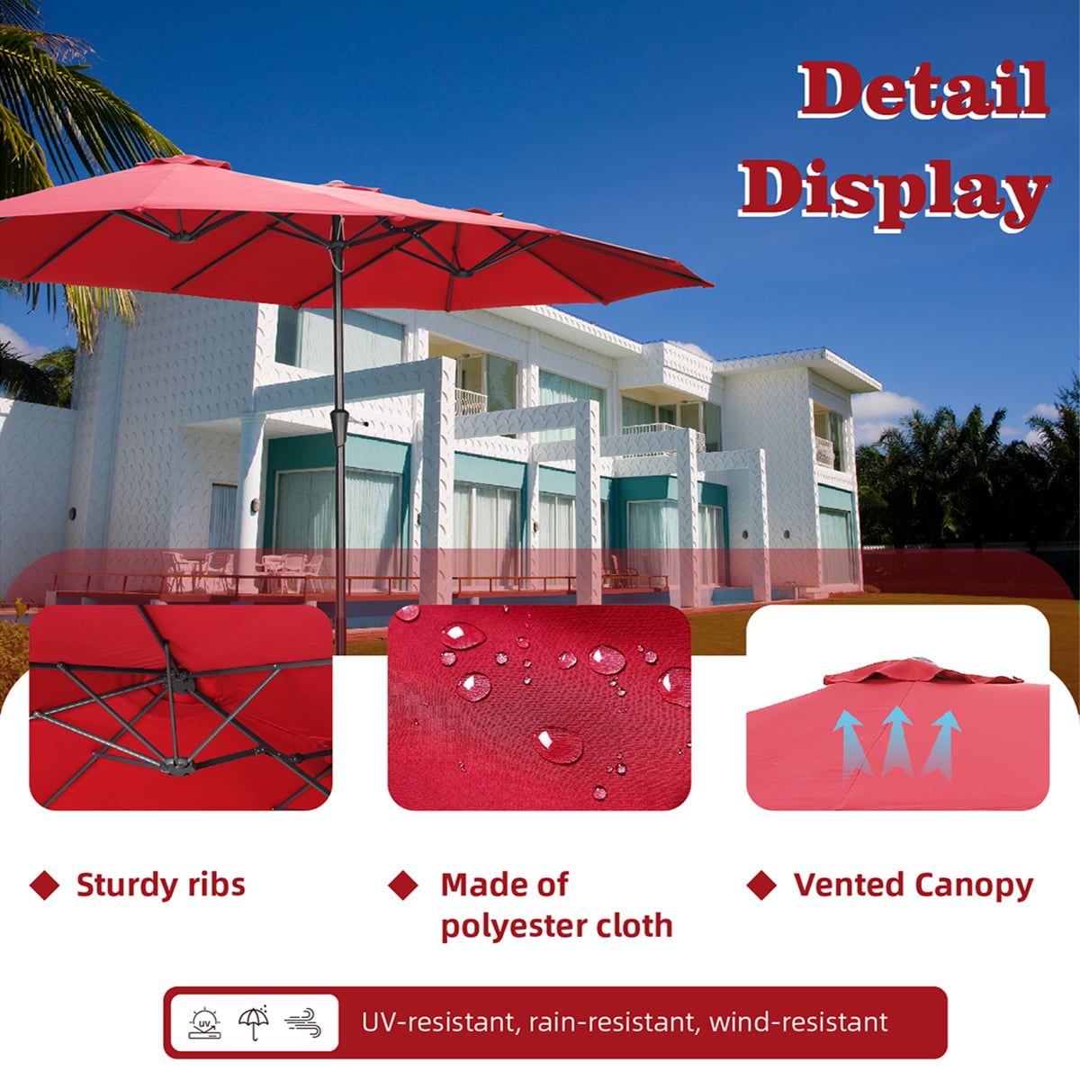 Wesfital 15ft Large Rectangle Umbrellas Double-Sided Outdoor Market Umbrella with UV Sun Protection & Easy Crank for Backyard, Poolside, Lawn and Garden, Red