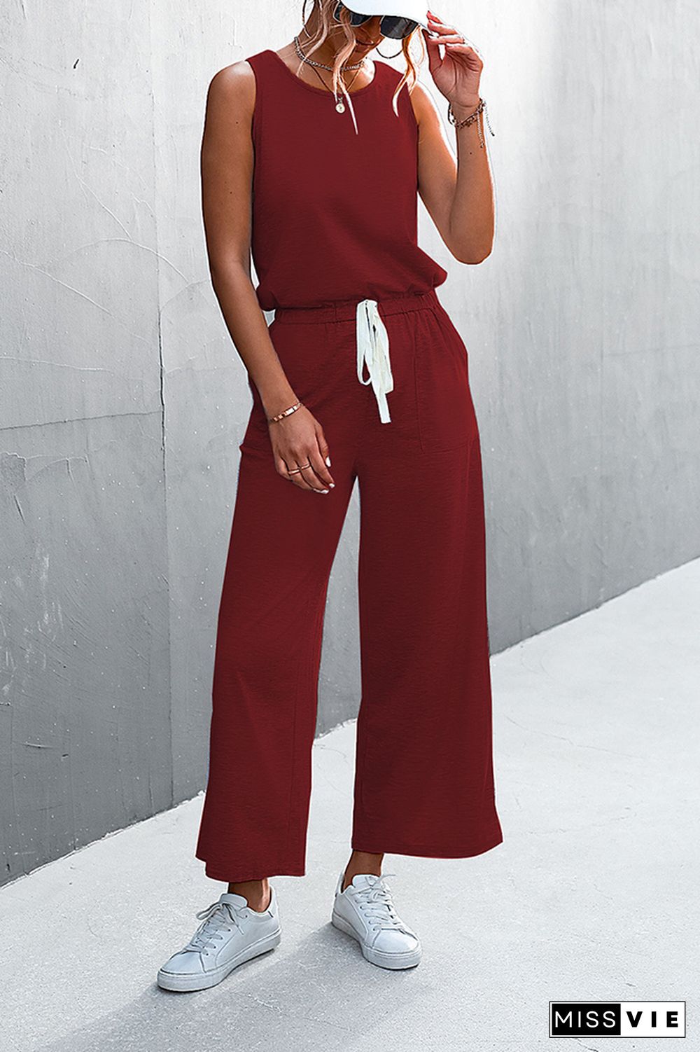 Solid Sleeveless Drawstring Waist Jumpsuit Wholesale