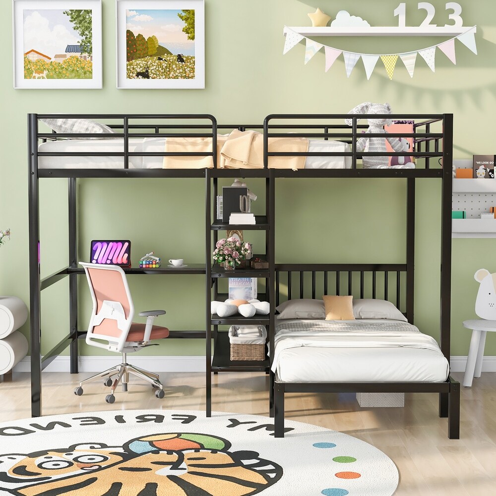 Full Over Twin Metal Bunk Bed  L Shaped Loft Bed Frame with Built in Desk  Shelves  Ladder  Storage Shelves  Black