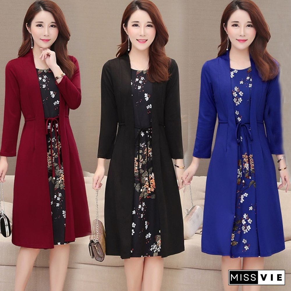 L-5Xl Middle-Aged Mother Dresses Women Fake Two-Piece Long-Sleeved Large Size Bottoming Dress