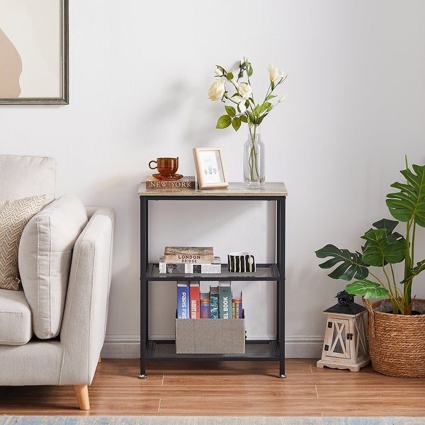 Modern End Side Tables/Nightstands with 2-Tier Metal Mesh Storage Shelf