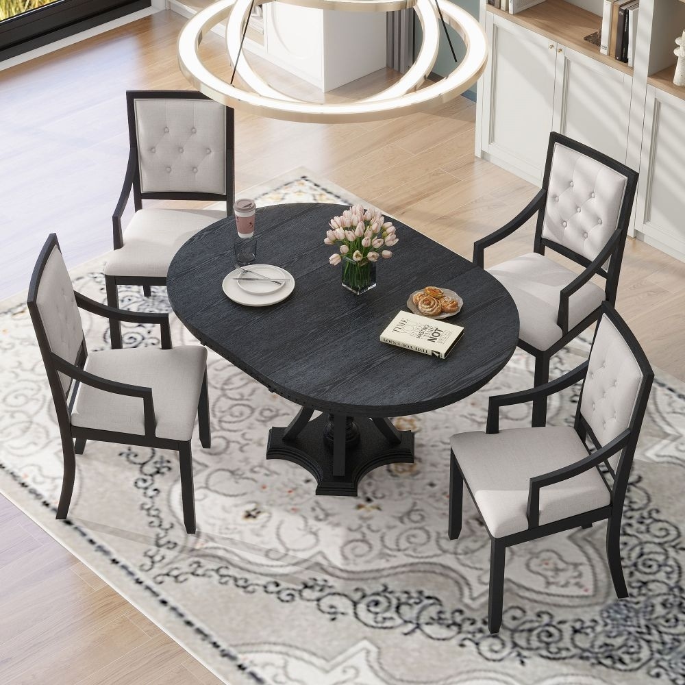 5 piece Dining Set Extendable Round Table and 4 Chairs for Kitchen Dining Room