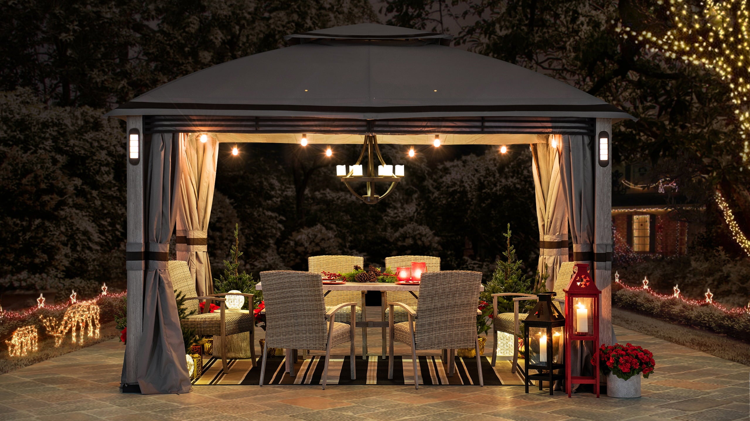 SummerCove Outdoor Patio 11x13 ft. Gray 2-Tier Backyard Soft Top Gazebo with LED Light, Bluetooth Speaker