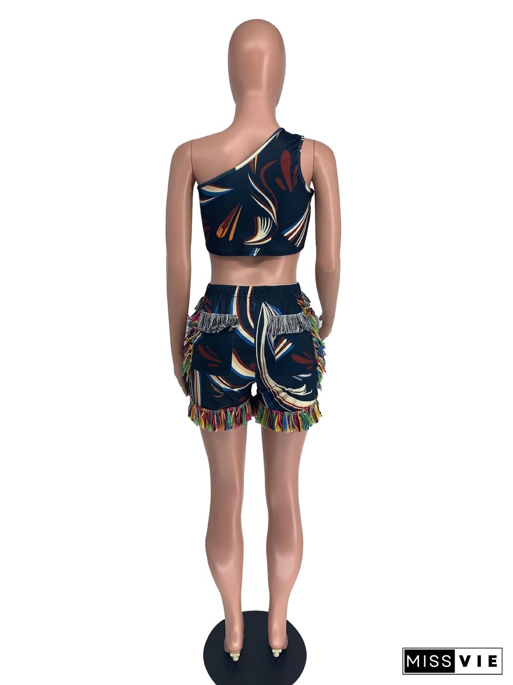 Sexy Women Bodycon Print Asymmertical One Shoulder Sleeveless Crop Top Tassels Shorts 2 Piece Set