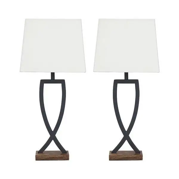 Criss Cross Metal Table Lamp with Fabric Shade， Set of 2， Gray and White